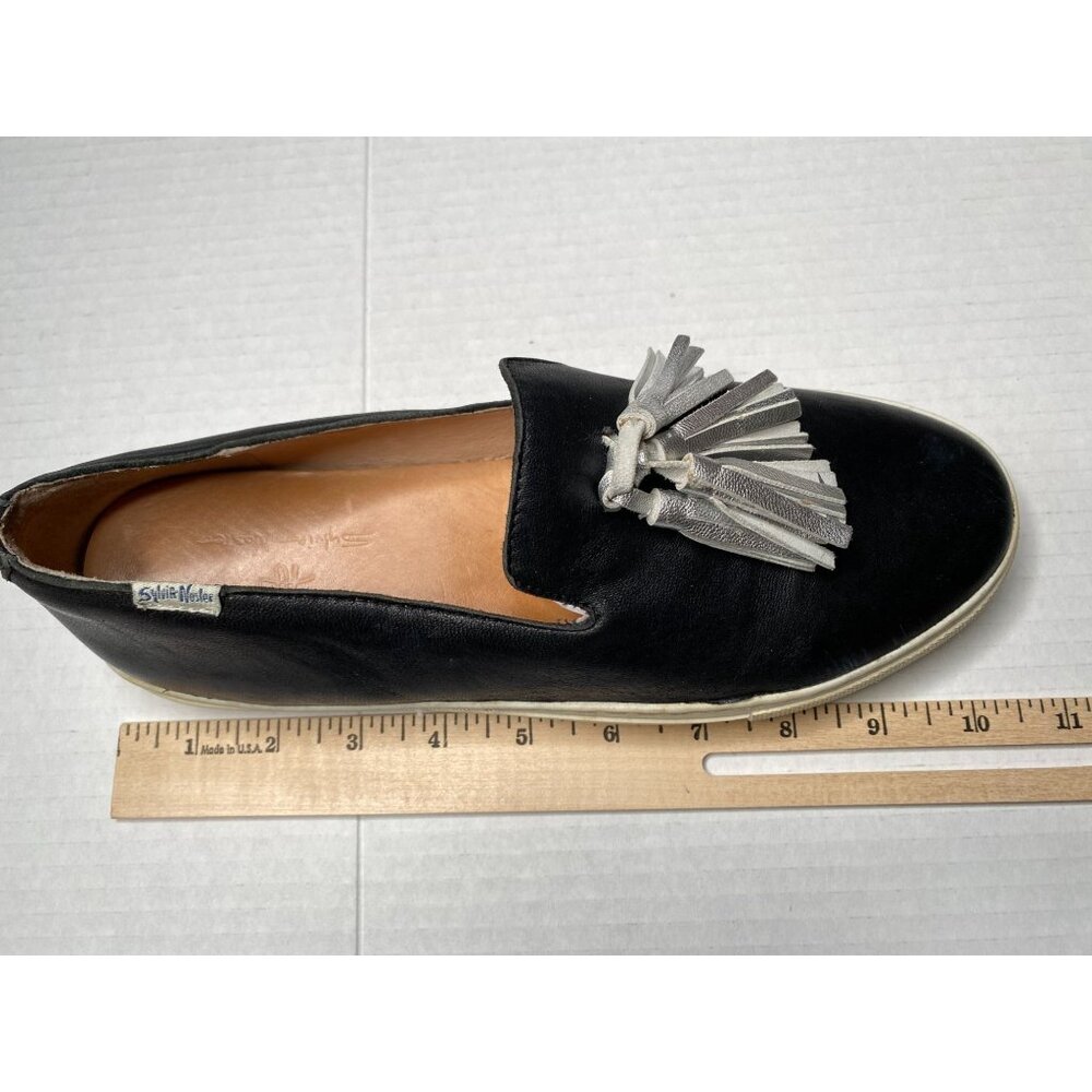 Sylvia Noster Slip-on Sneakers with Silver Tassels Women Size 8 Black Leather - Picture 10 of 12